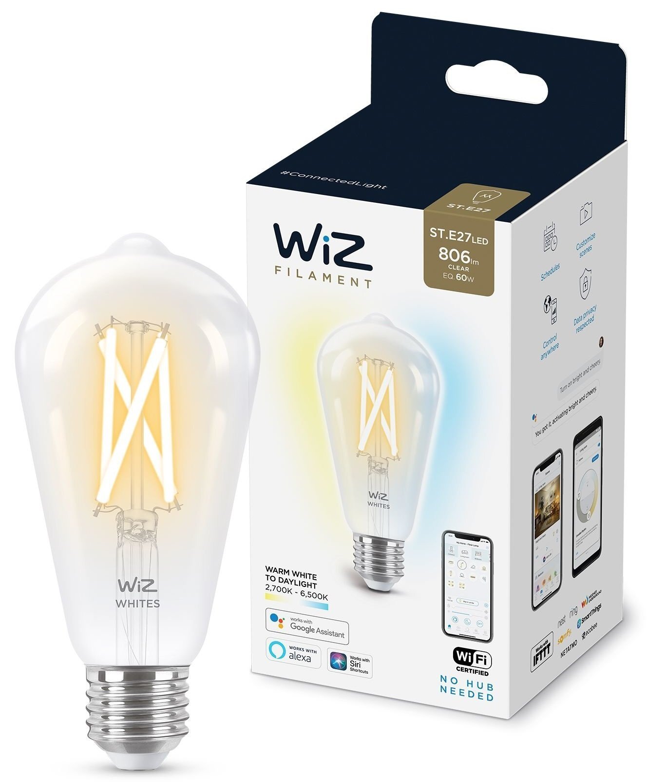 

WiZ E27 7W (60W 806Lm) ST64 2700-6500K филаментная Wi-Fi (929003018601)