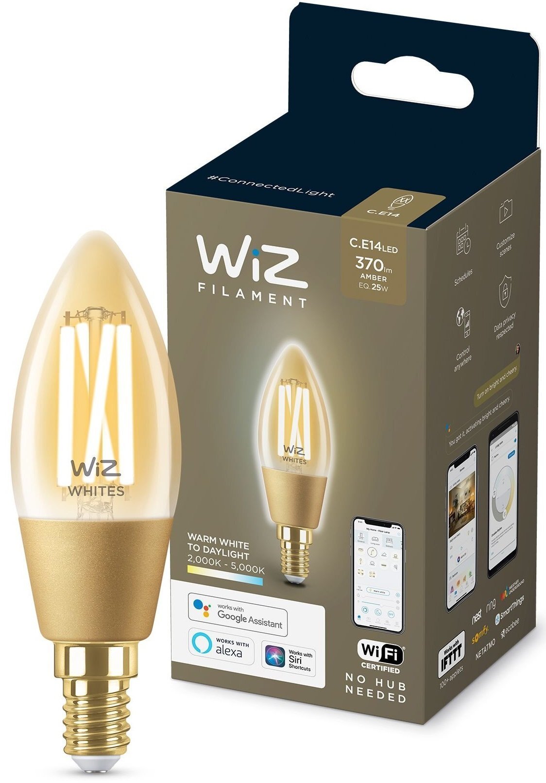 

WiZ E14 4.9W (25W 370Lm) C35 2000-5000K филаментная Wi-Fi (929003017701), Белый