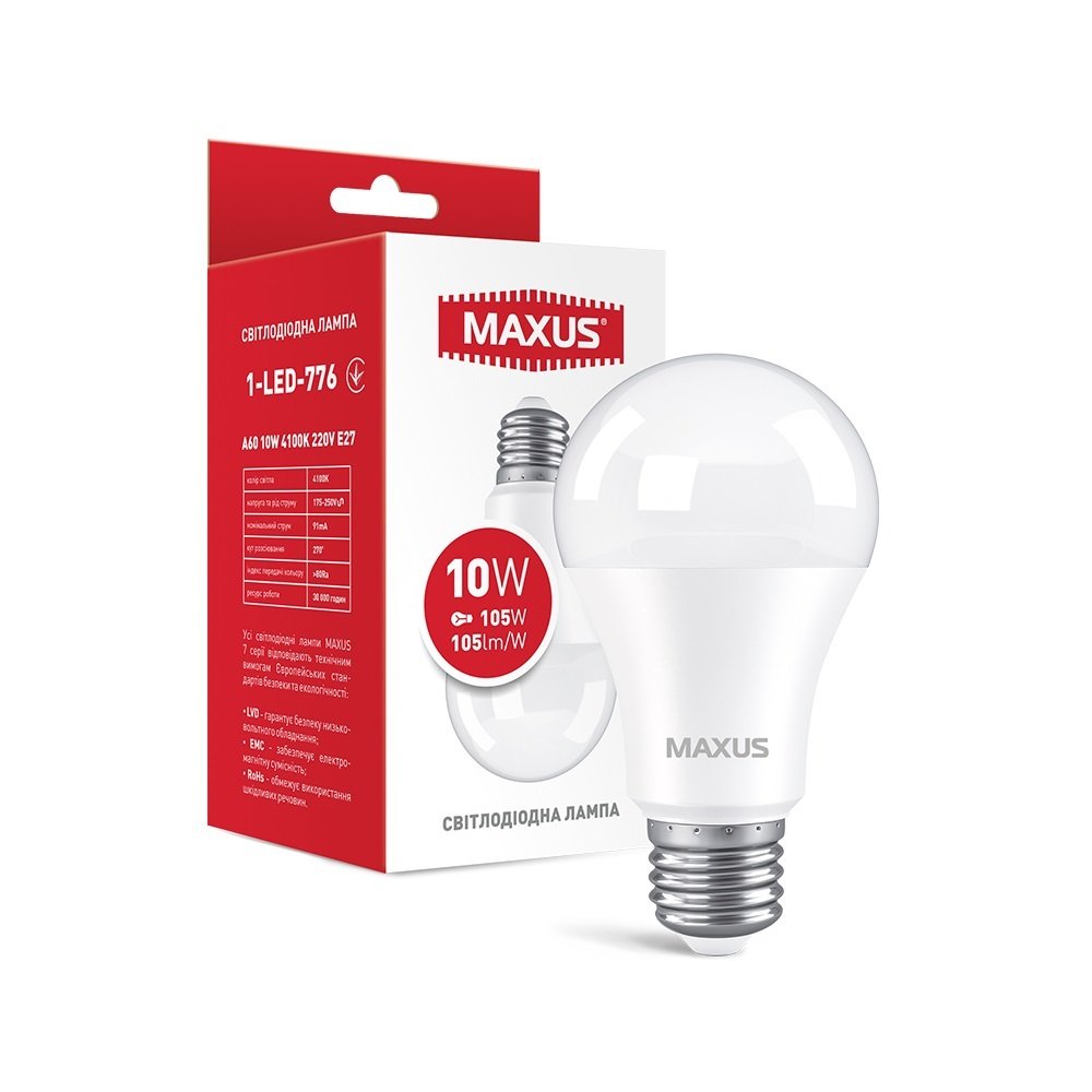 

MAXUS A60 10W 4100K 220V E27 AL (1-LED-776)