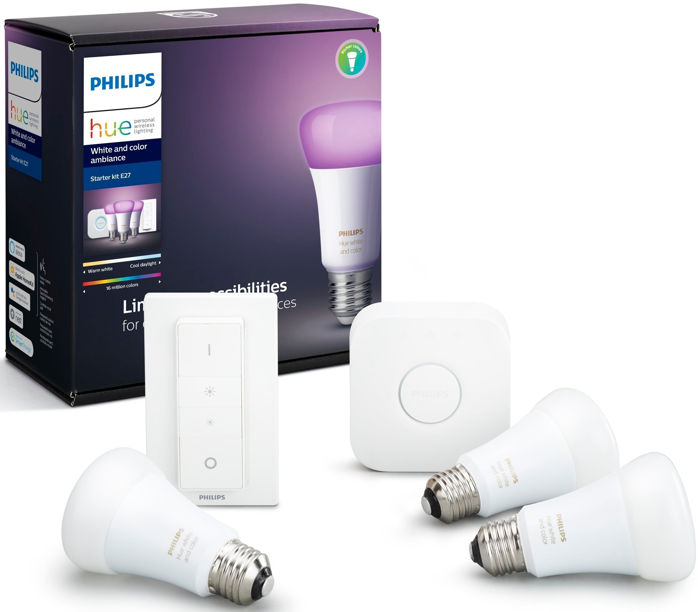 

PHILIPS Hue Color (Bridge, Dimmer, лампа E27 3 шт) (929002216825), Белый