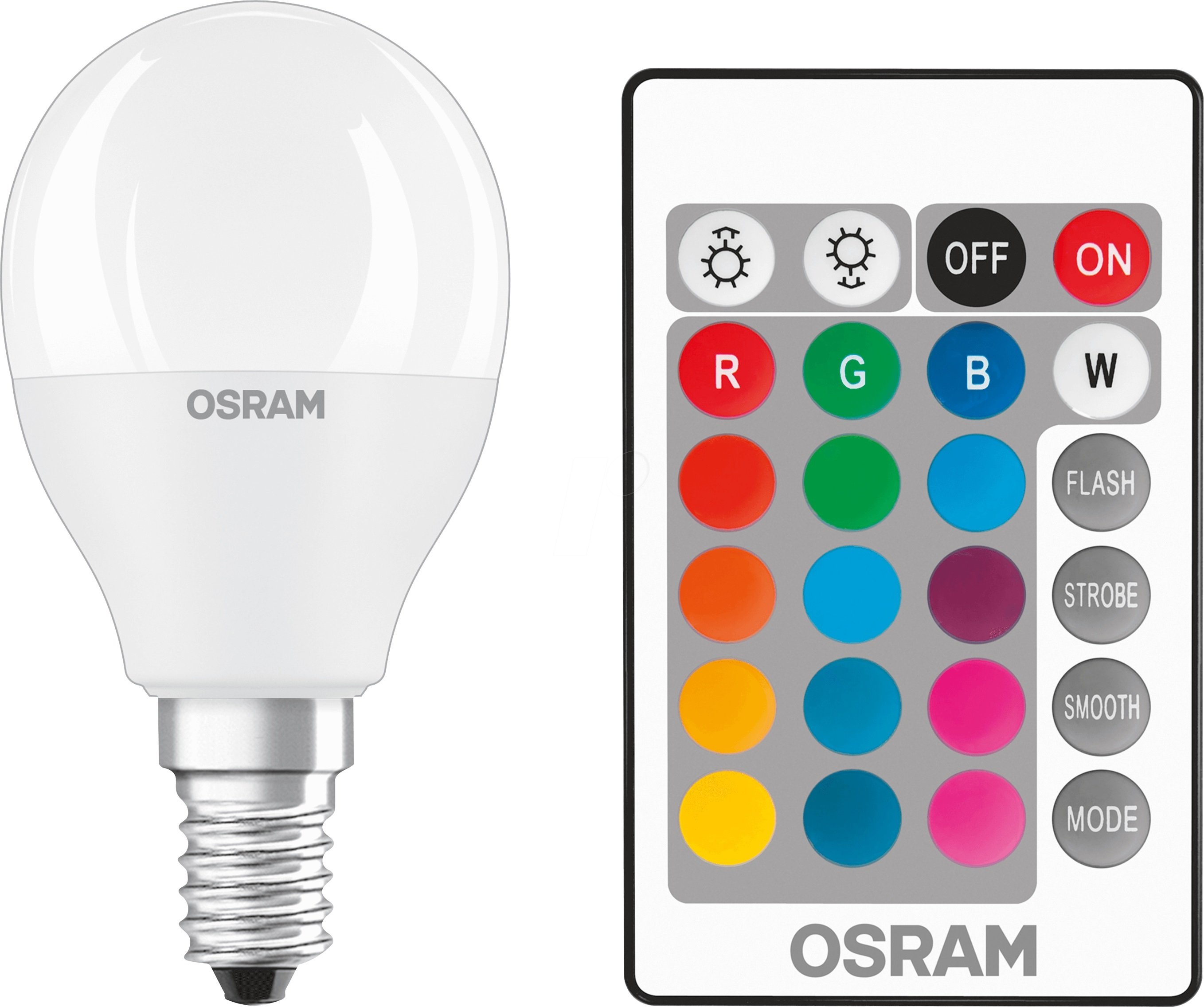 

OSRAM LED STAR Е14 5.5-40W 2700K+RGB 220V Р45 пульт ДУ (4058075144385)