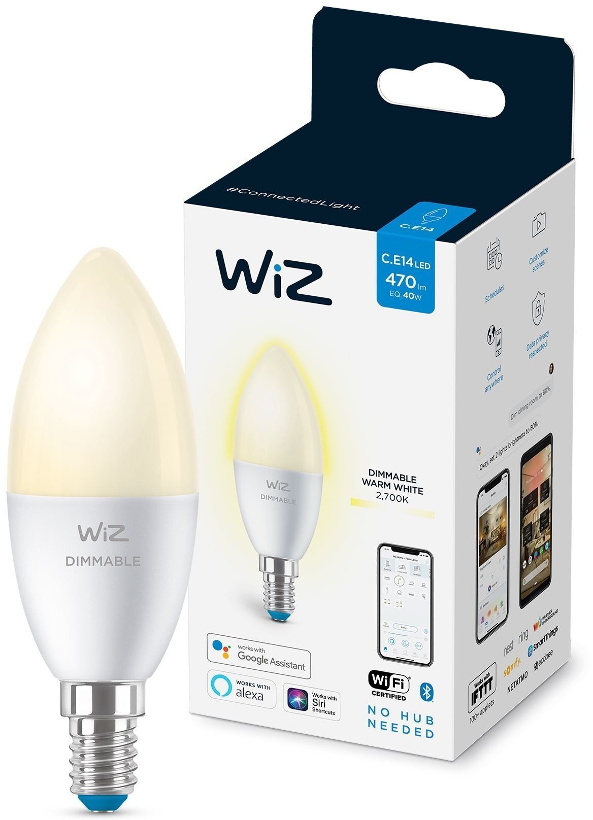 

WiZ E14 4.9W (40W 470Lm) C37 2700K диммируемая Wi-Fi (929002448502)