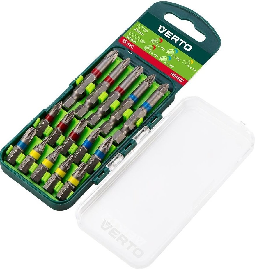 

Verto 15 шт., 25 mm - 3 x PH, 3 x PZ, 4 x TX + 50 mm - 3 x PH, 2 x PZ (66H602)