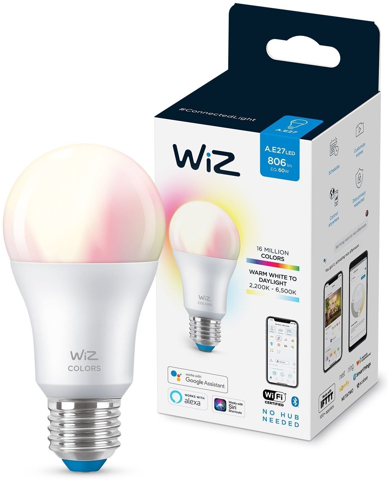 

WiZ E27 8W (60W 806Lm) A60 2200-6500K RGB Wi-Fi (929002383602)
