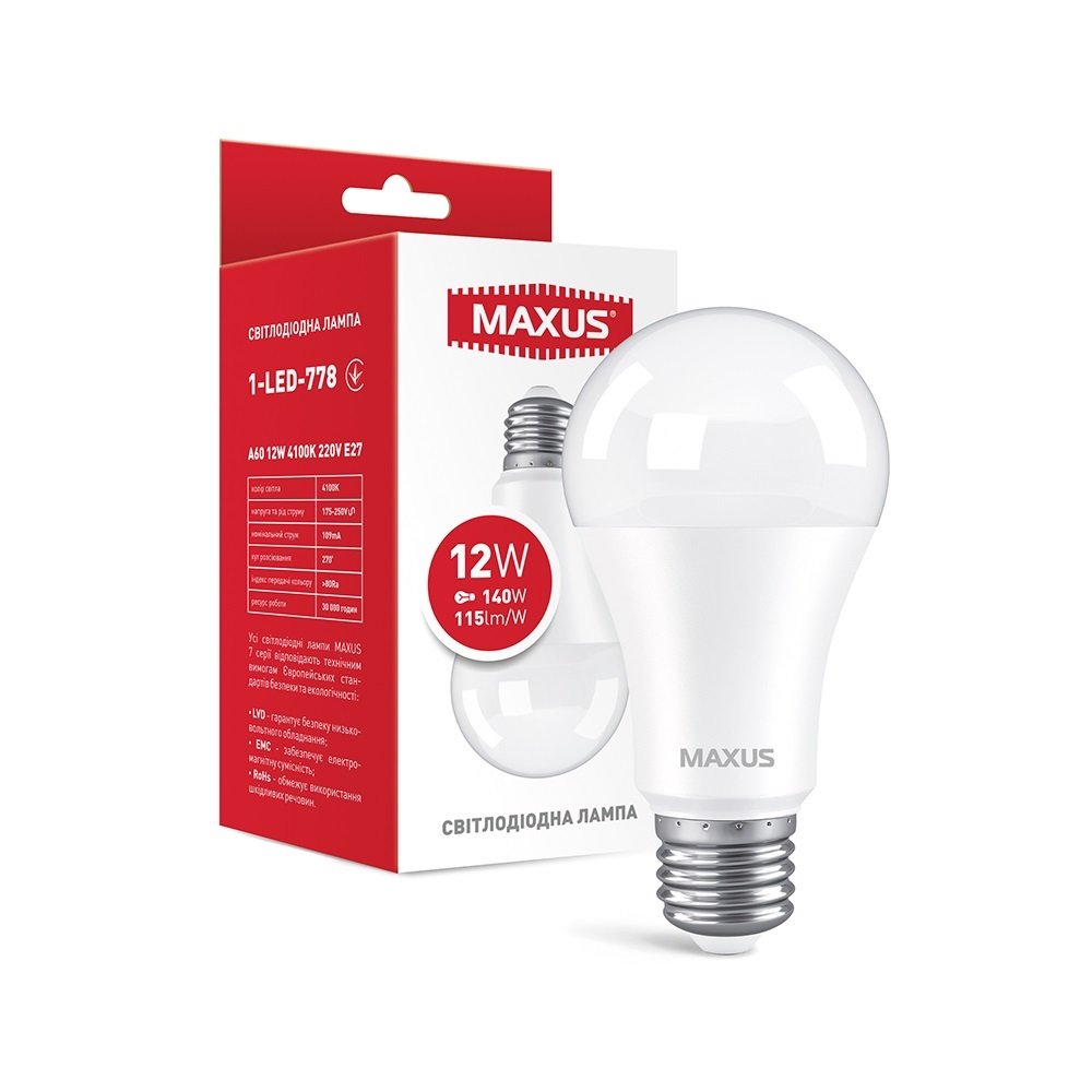 

MAXUS A60 12W 4100K 220V E27 AL (1-LED-778)