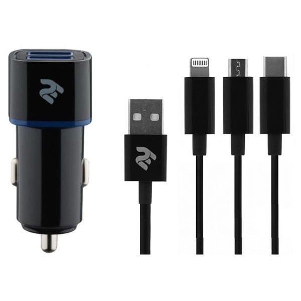 

2E 2хUSB 2.4A + кабель 3в1 Lightning/microUSB/Type-C) Black (2E-ACR01-C3IN1)