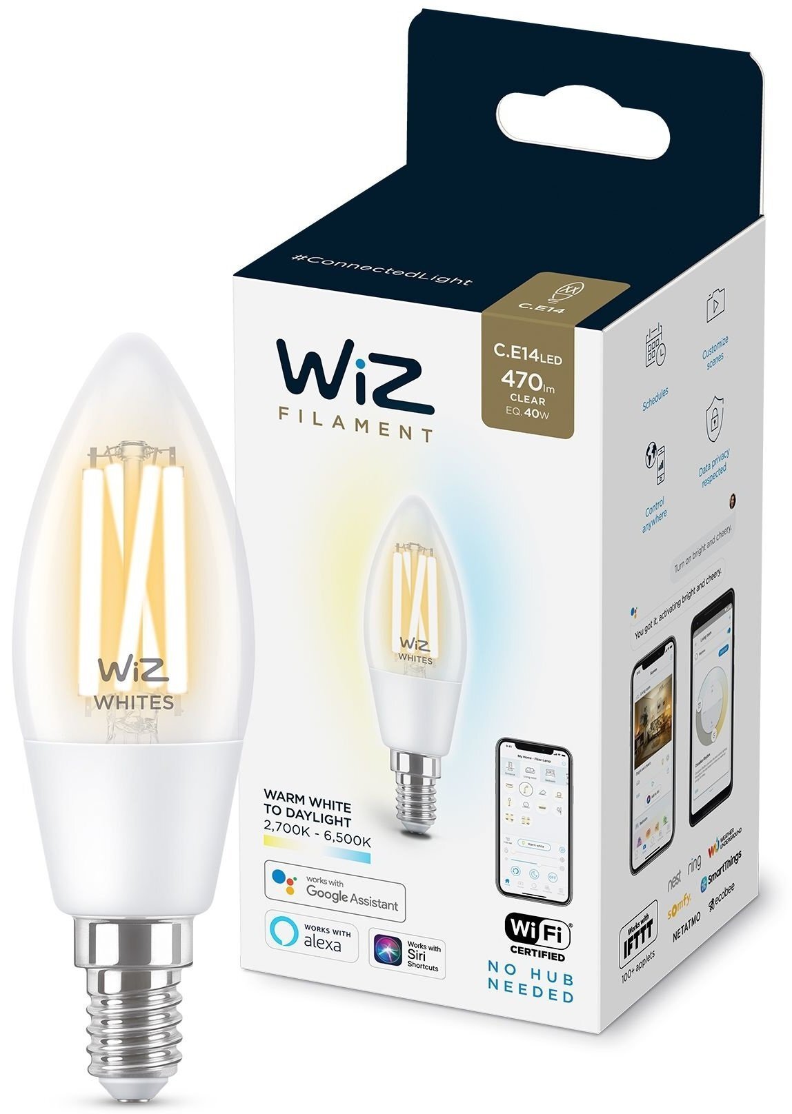 

WiZ E14 4.9W (40W 470Lm) C35 2700-6500 филаментная Wi-Fi (929003017601), Белый